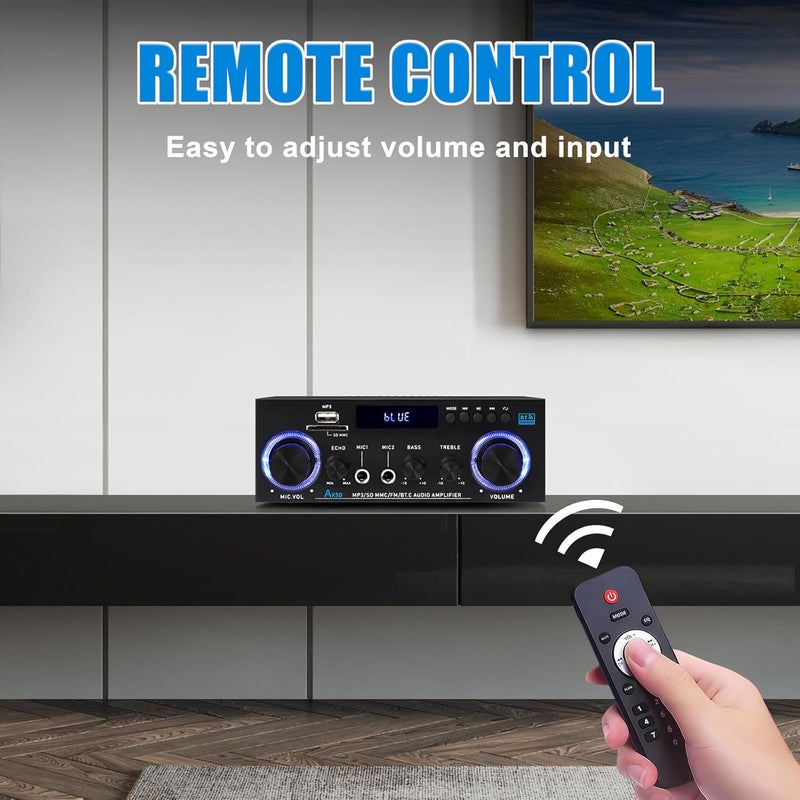 WOOPKER AK50 Amplifier Home Audio Stereo Receivers with Bluetooth 5.0,Max 500W,2.0 Channel Stereo Amplifier System for Home Theater Speakers,Garage,Home Amp with USB,SD,RCA,2 MIC in - Image 5